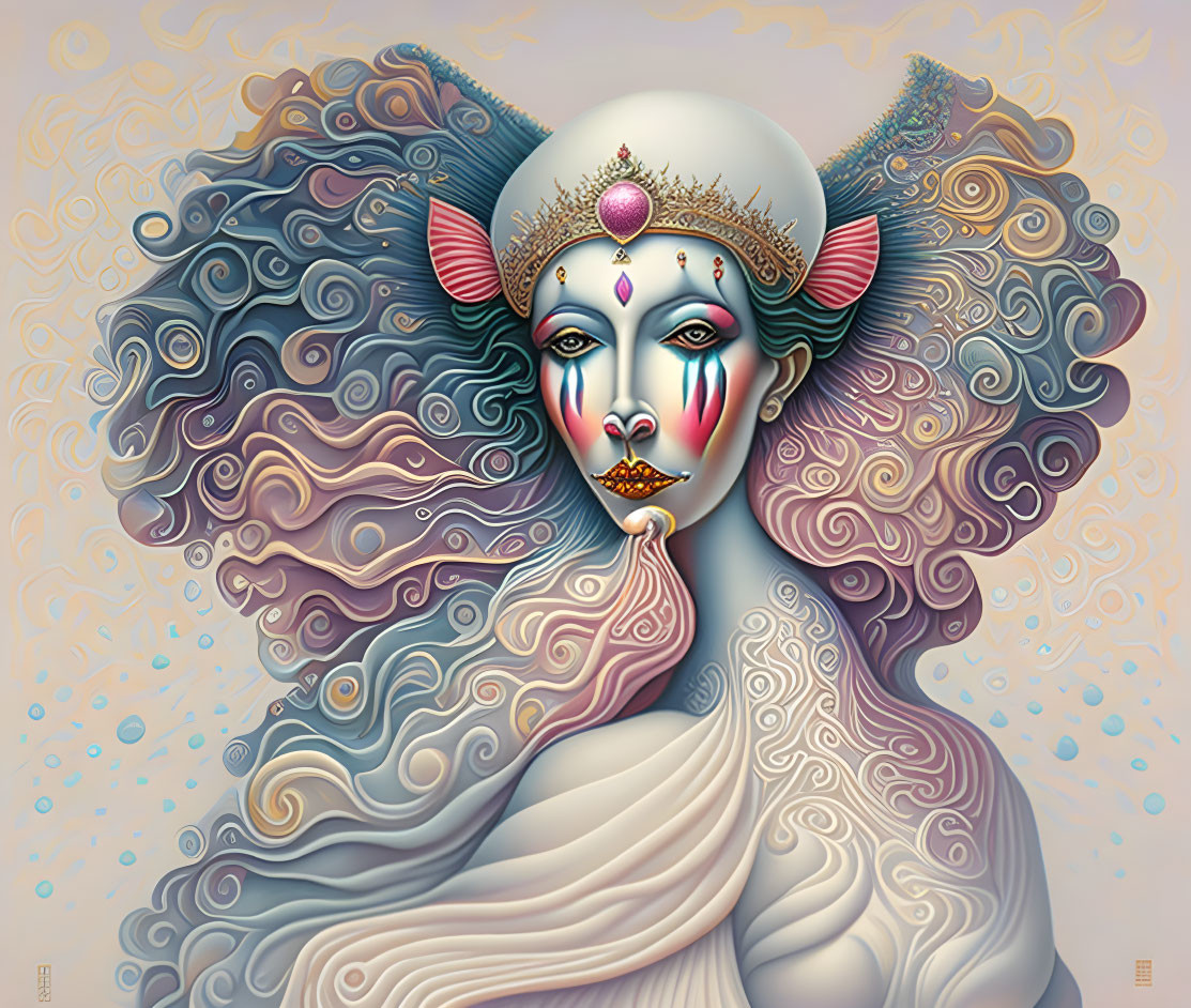 Surreal portrait with figure wearing ram horns and ornate headdress