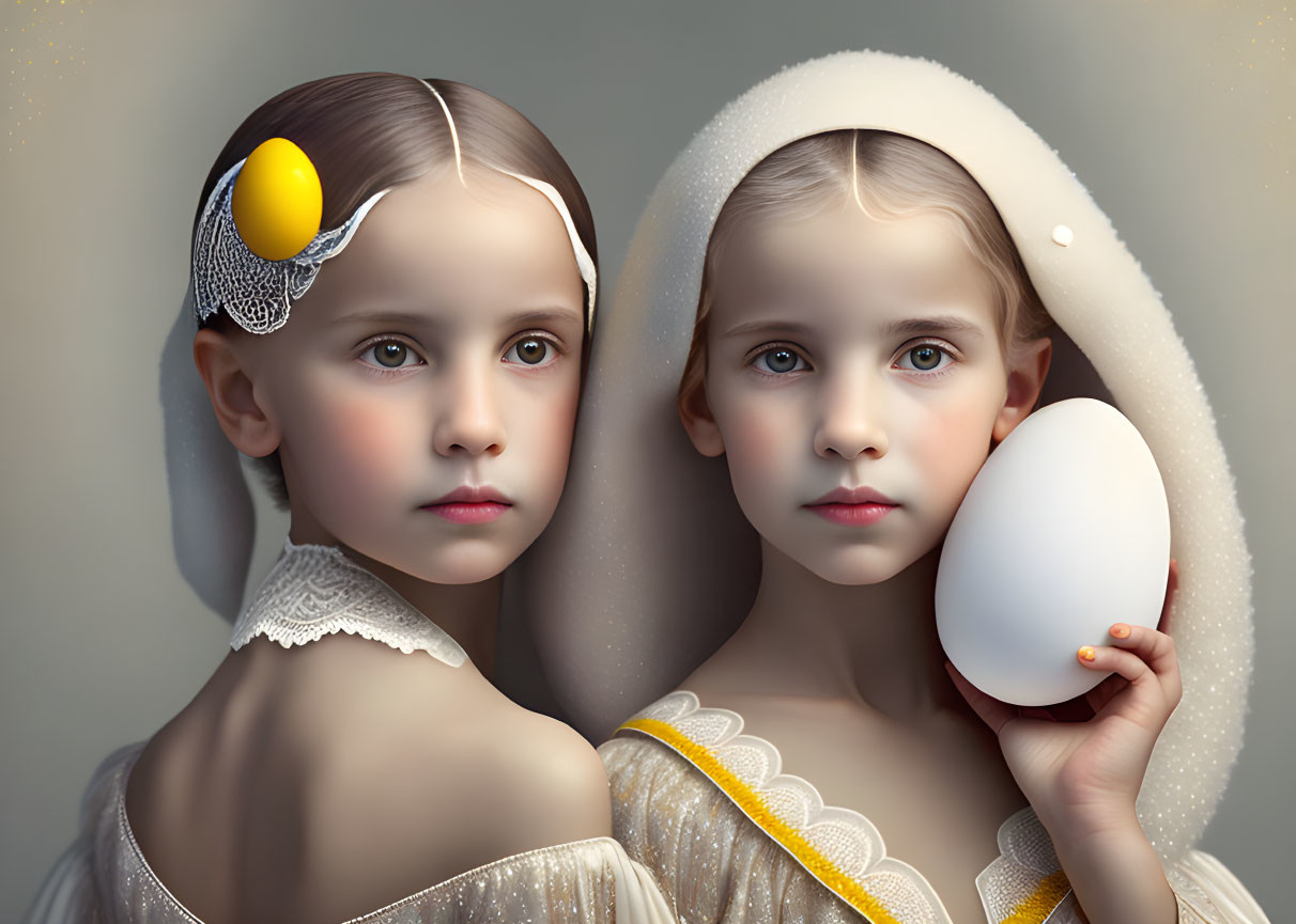 Two pale girls in vintage white dresses and hoods, one with a large egg, soft lighting,