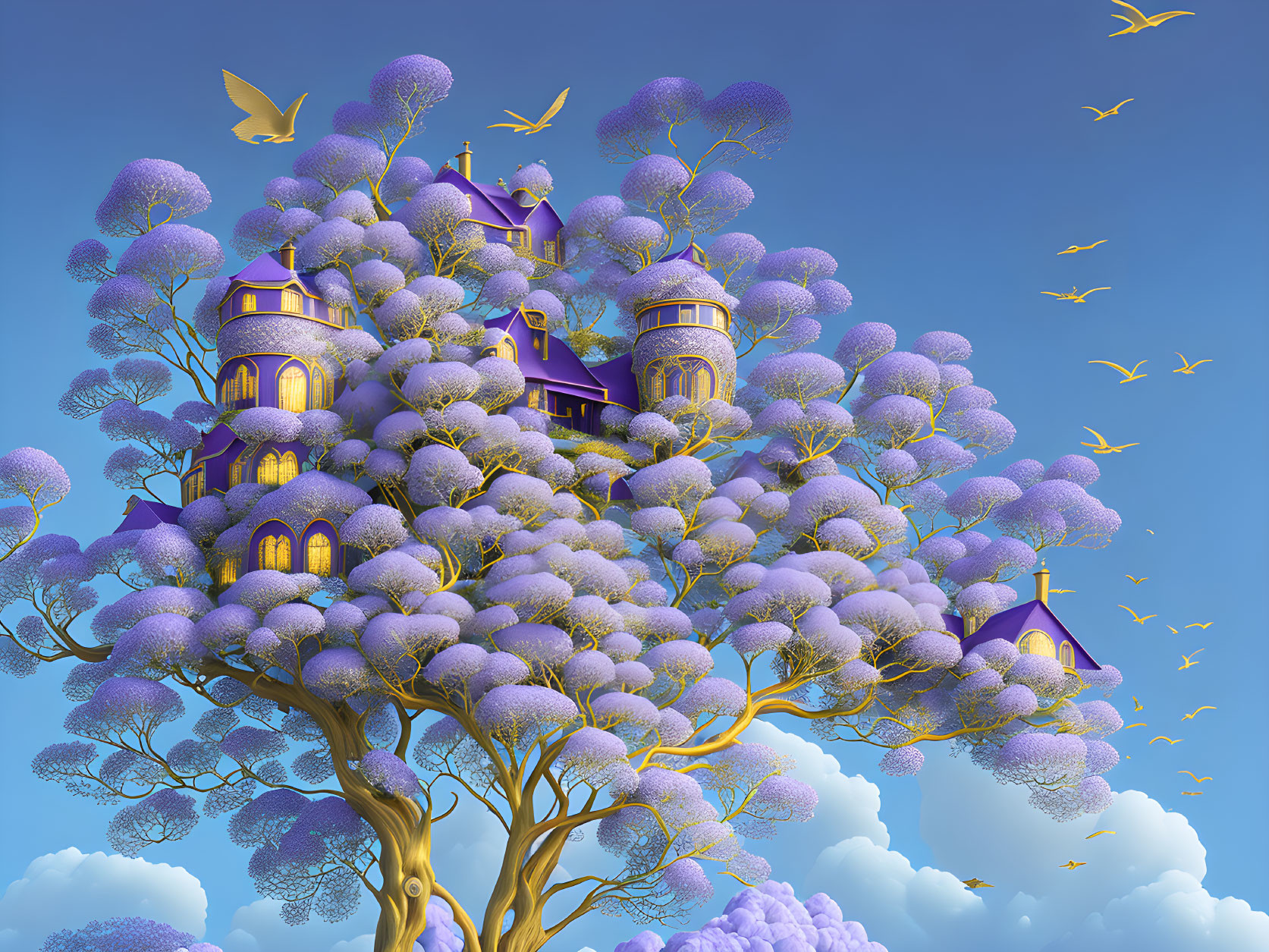 Illustration of castle in giant tree with purple foliage under blue sky