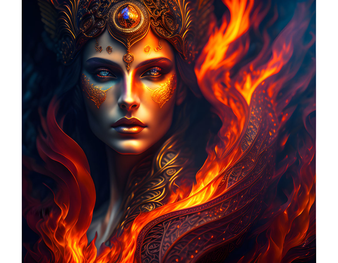 Mystical woman with gold headpiece, blue eyes, surrounded by fiery flames