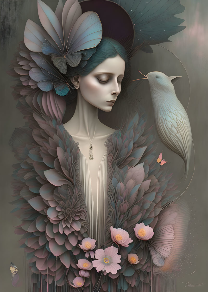 Surreal portrait of female figure with feathers, flowers, butterflies, and pale bird