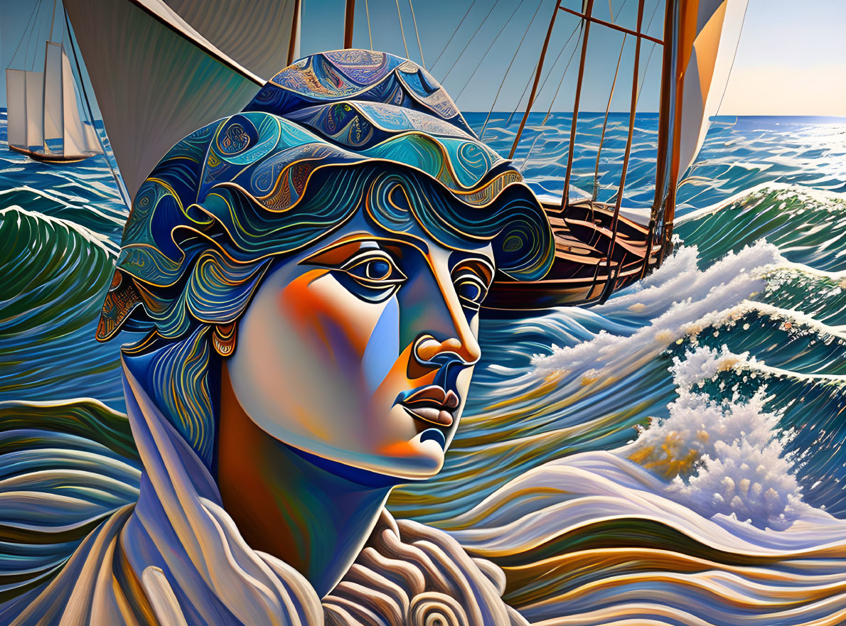 Woman's face merged with seascape: ship, waves, sunset in vibrant graphic art style