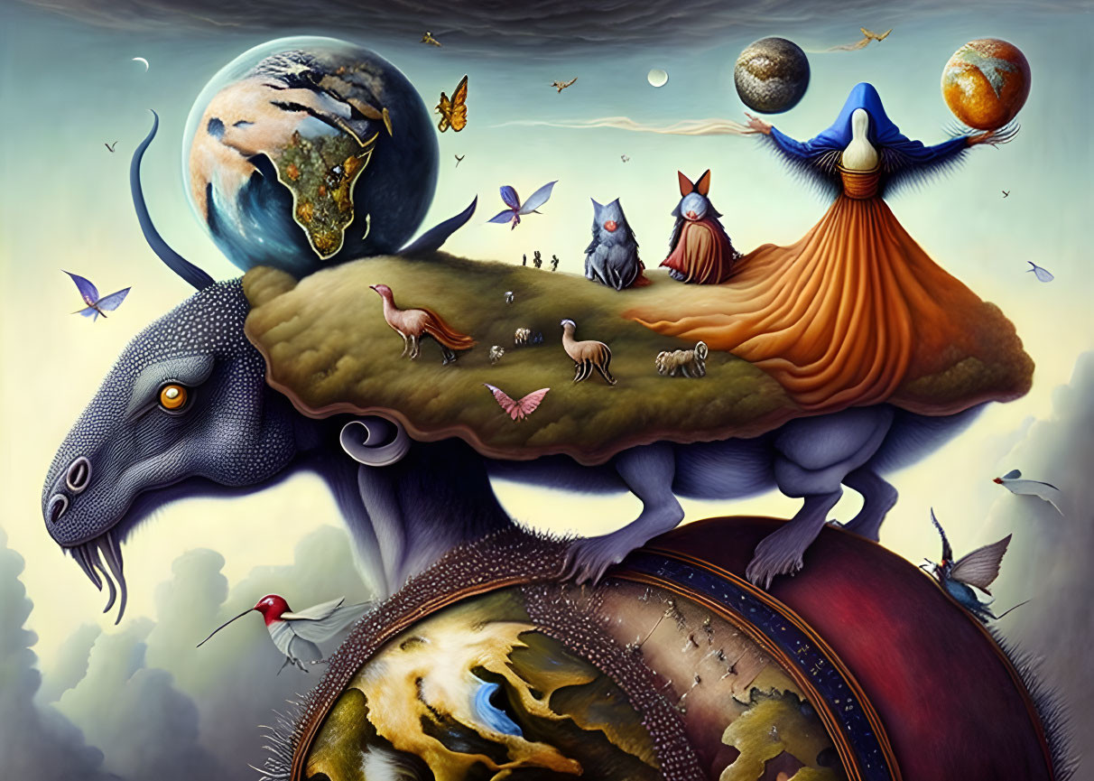 Surreal painting: Buffalo carrying landscape, animals, figure, and celestial bodies