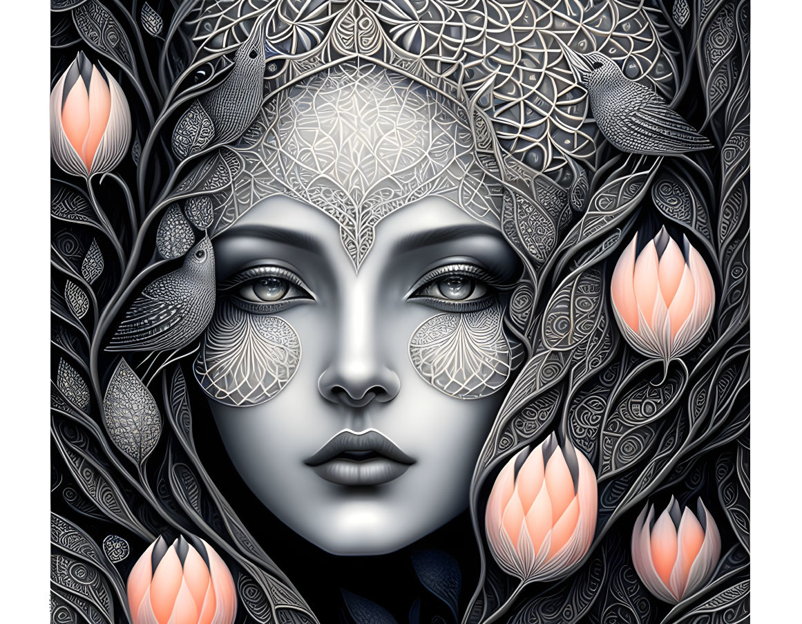 Monochromatic woman's face with lotus flowers and intricate patterns.