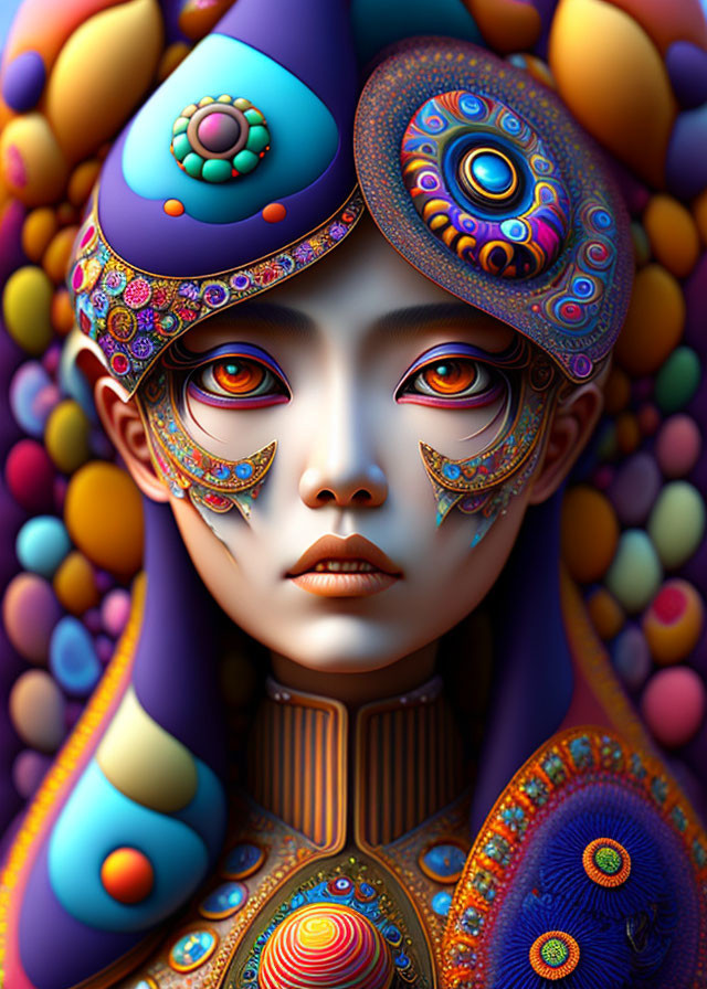 Colorful Digital Art Portrait with Intricate Patterns and Ornate Headgear