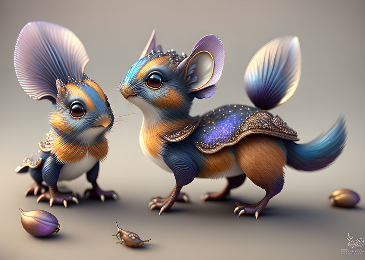 Blue-furred creatures with large ears and sparkling dots beside golden acorns