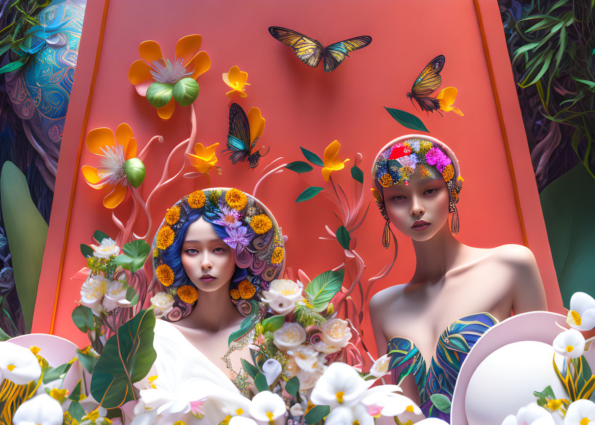 Floral headpiece women in vibrant backdrop with butterflies