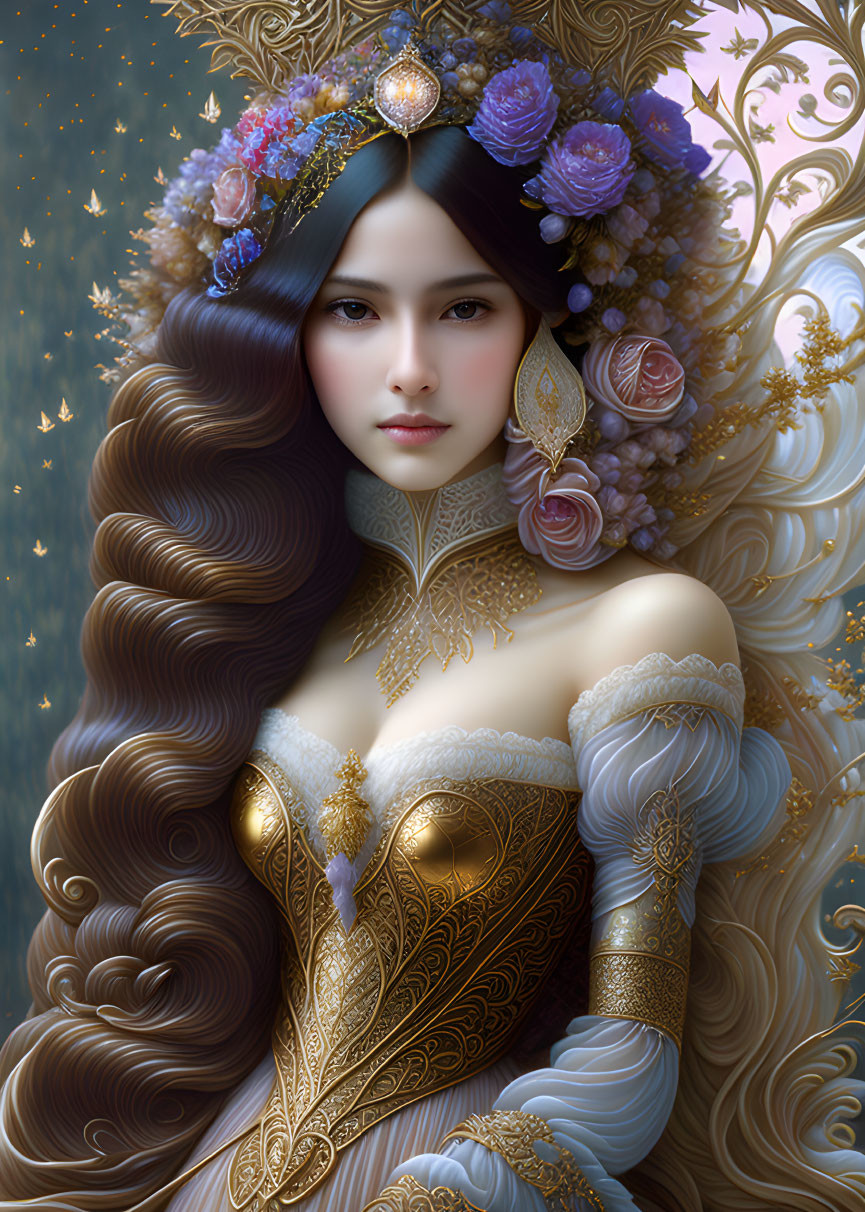 Detailed digital portrait of woman with floral hair and ornate dress