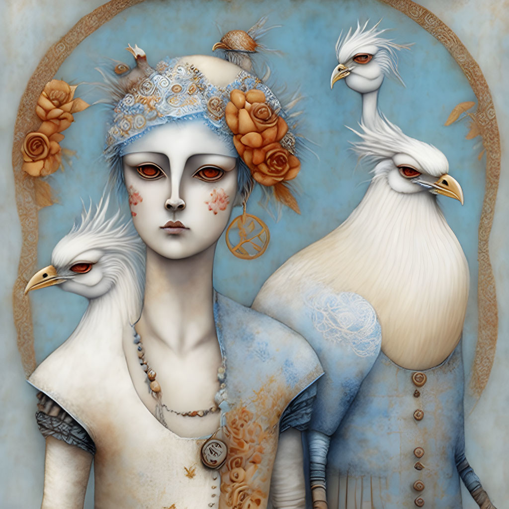 Surreal portrait featuring pale figure with bird motifs and orange flowers