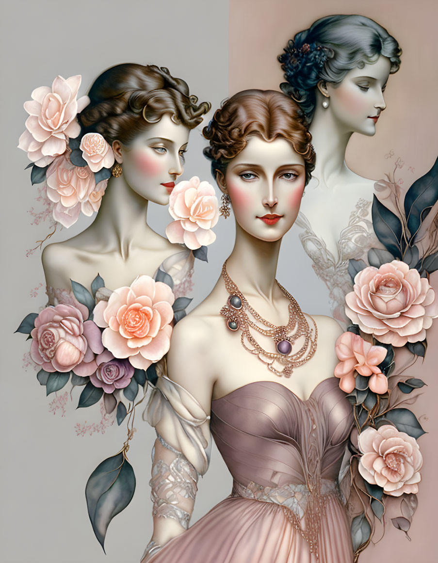 Vintage-style women with pastel roses and elegant attire illustration.