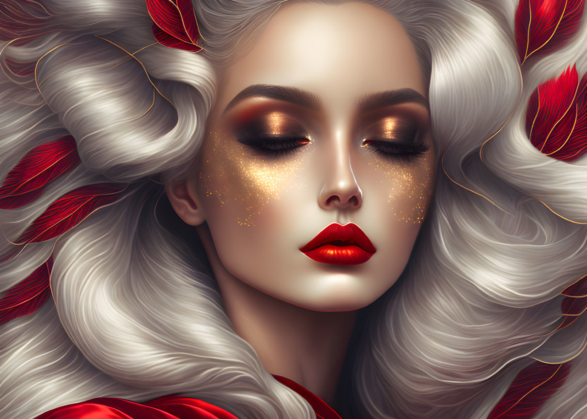 Portrait of woman with white hair, red leaves, red lips, gold glitter.