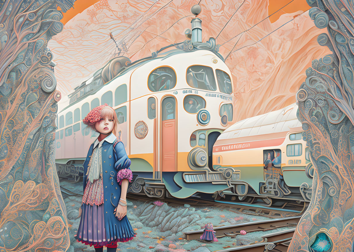 Young girl on vintage train platform surrounded by surreal patterns under pastel sky