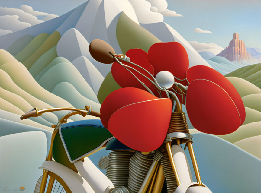 Stylized painting of classic bicycle with red flowers in basket on rolling hills and clear sky