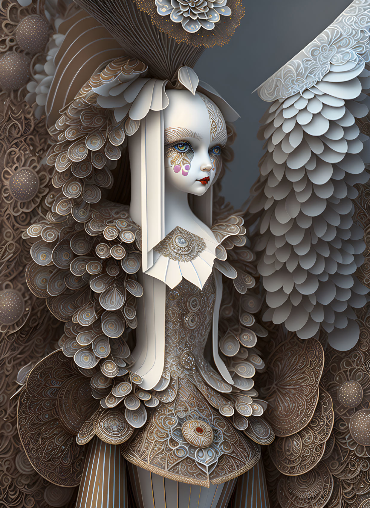 Detailed digital artwork featuring ornate female figure with paper art-inspired designs