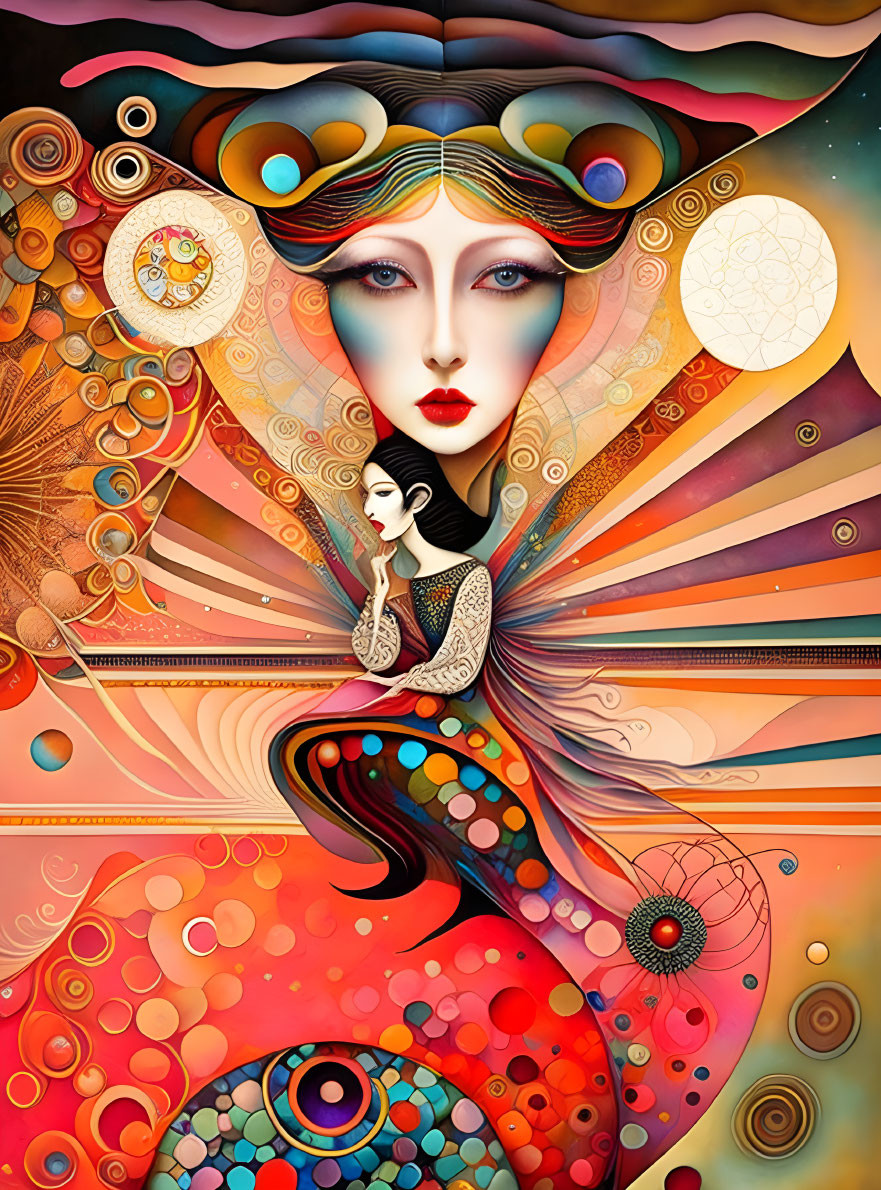 Vivid surreal artwork: Ethereal female figure with colorful patterns & geometric shapes.