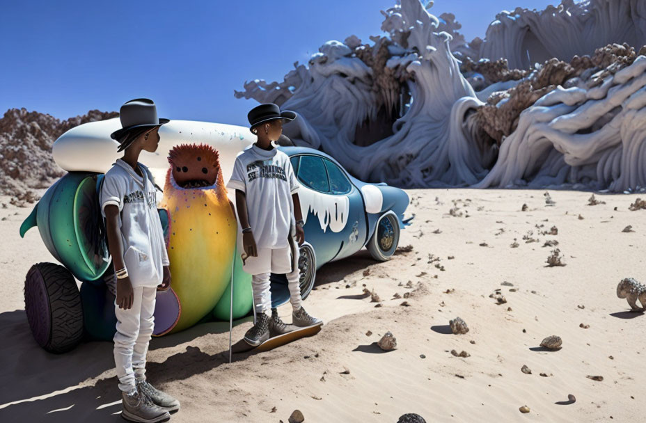 Two individuals in white outfits and cowboy hats next to a colorful, melting car in a surreal desert setting