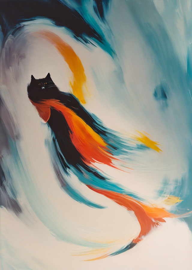 Black cat with fiery orange and yellow tail on blue, white, and black swirl background