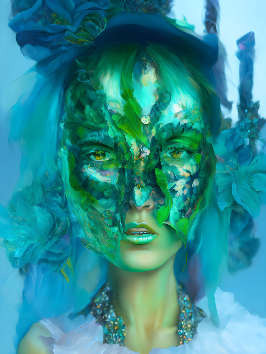 Vibrant turquoise and green floral mask with blue hat and mystical aura