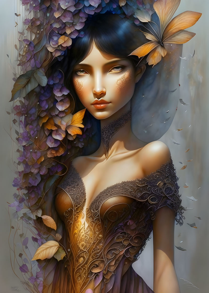 Fantasy female character with dark hair, purple flowers, butterflies, brown & purple gown