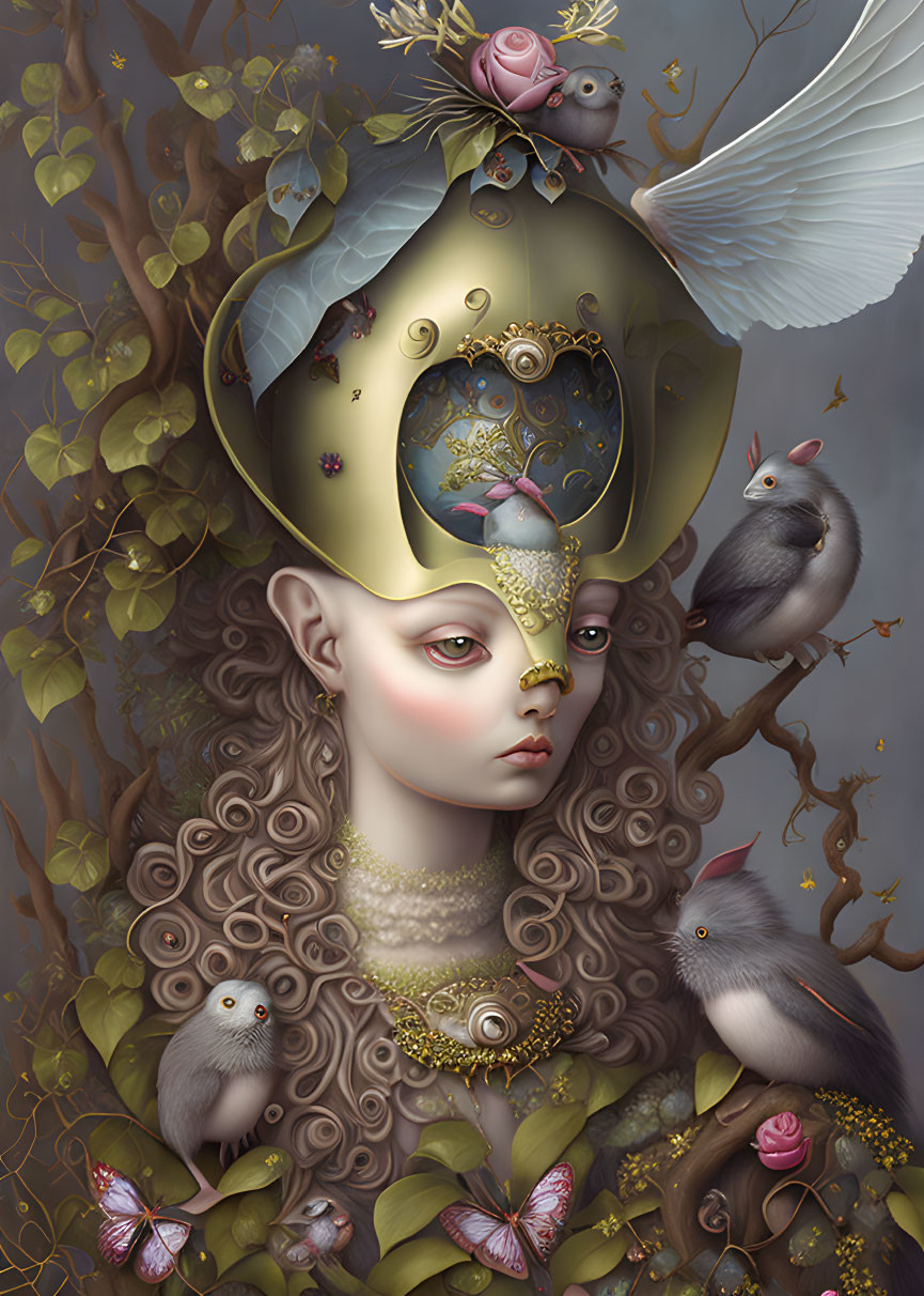 Elaborate surreal portrait with golden headwear and cosmic scene