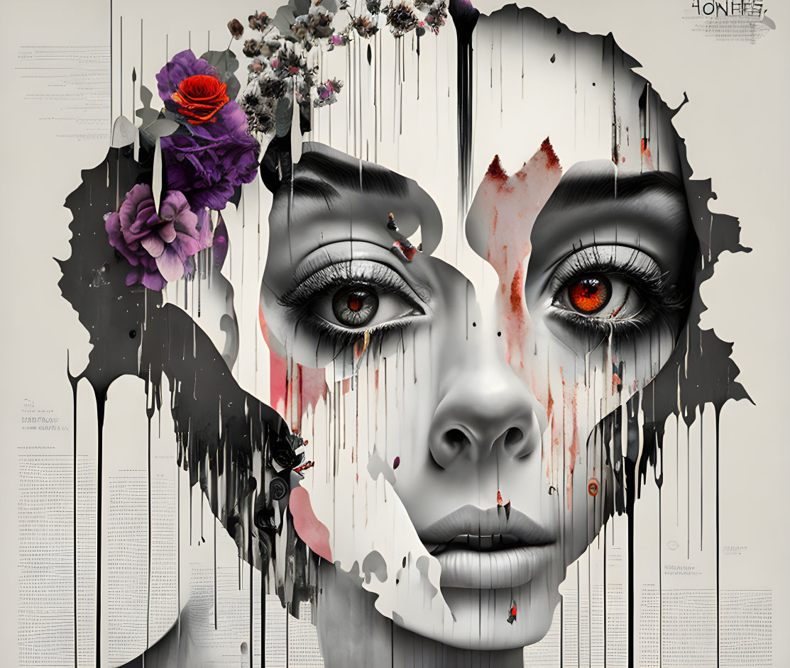 Grayscale portrait of a woman with vibrant flowers, ink drips, and orange eyes on text and