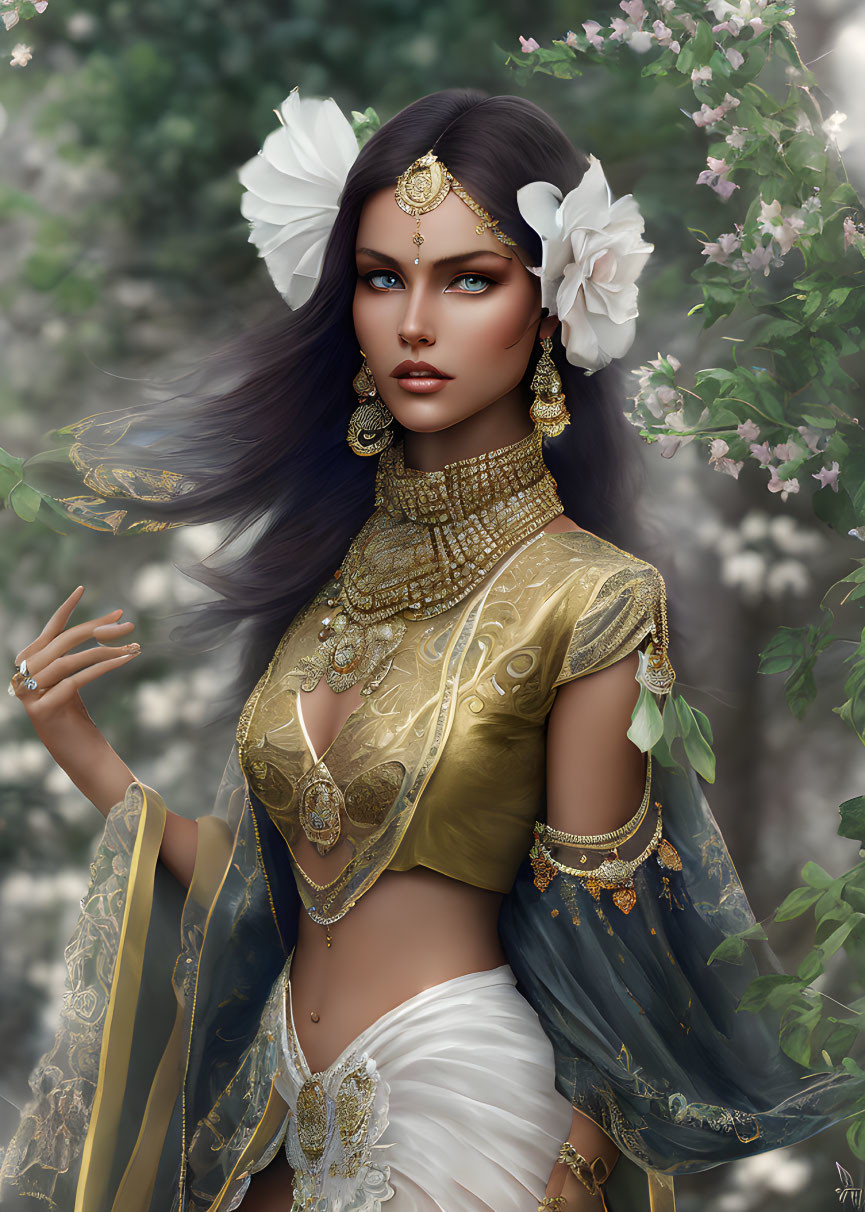 Digital art: Woman in gold jewelry and traditional attire with blue eyes and white flowers