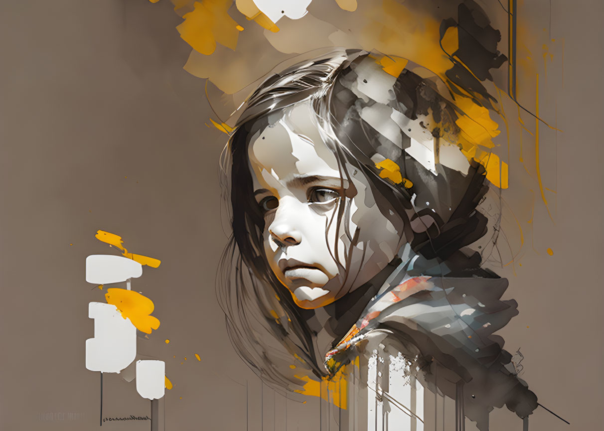 Stylized digital painting of young girl with somber expression