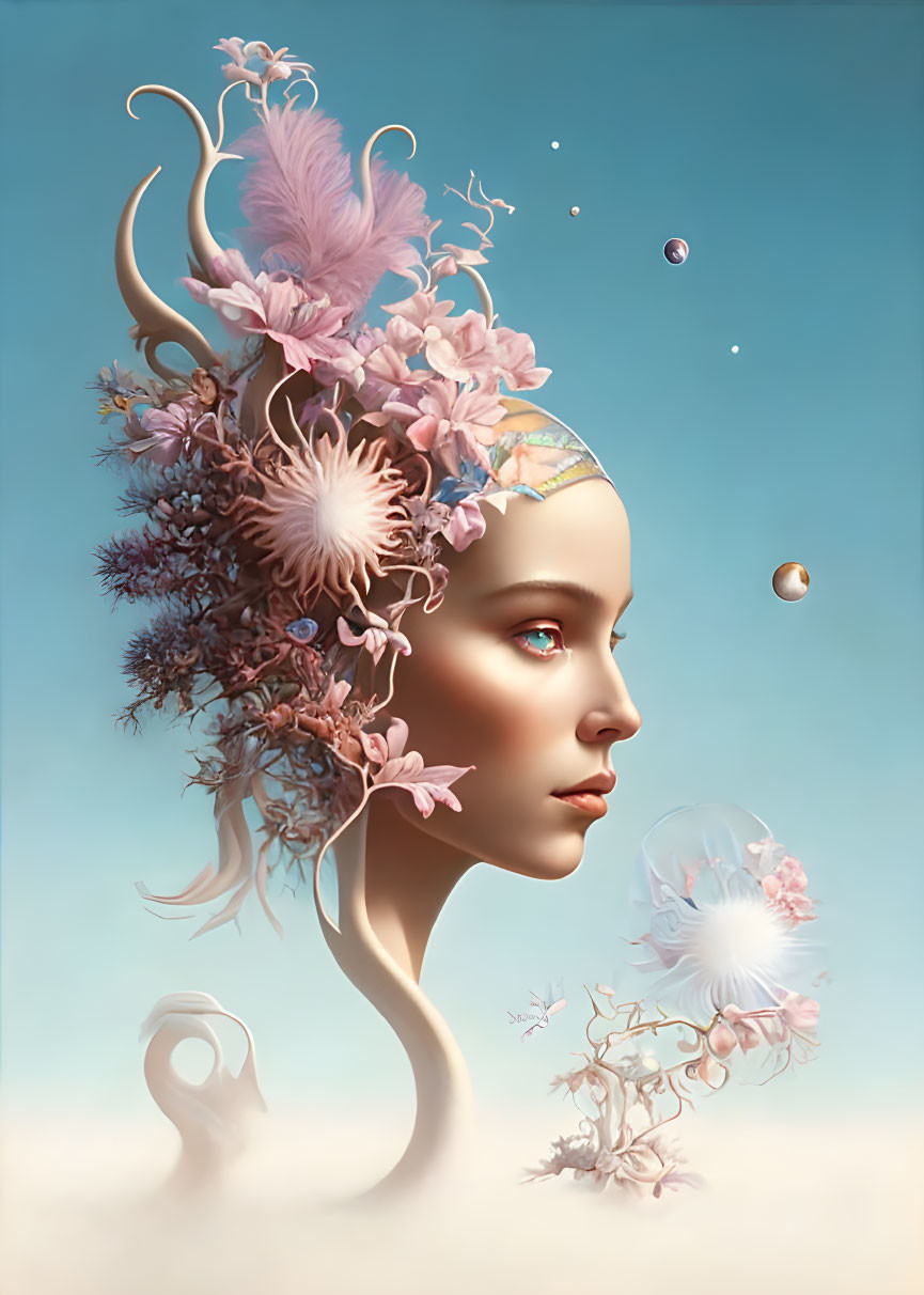 Surreal portrait of woman with floral headpiece and bubbles on blue background