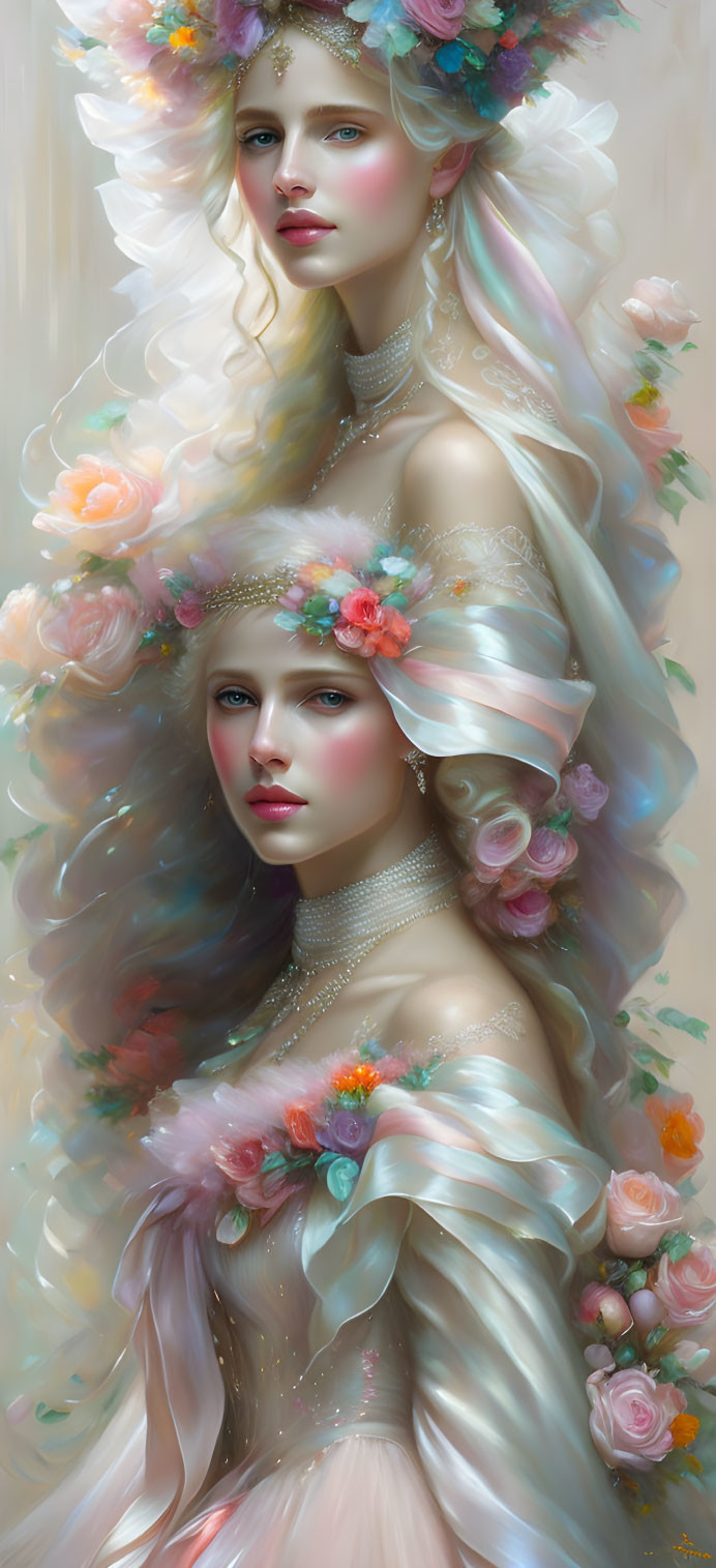 Ethereal women in floral crowns and pastel garments.