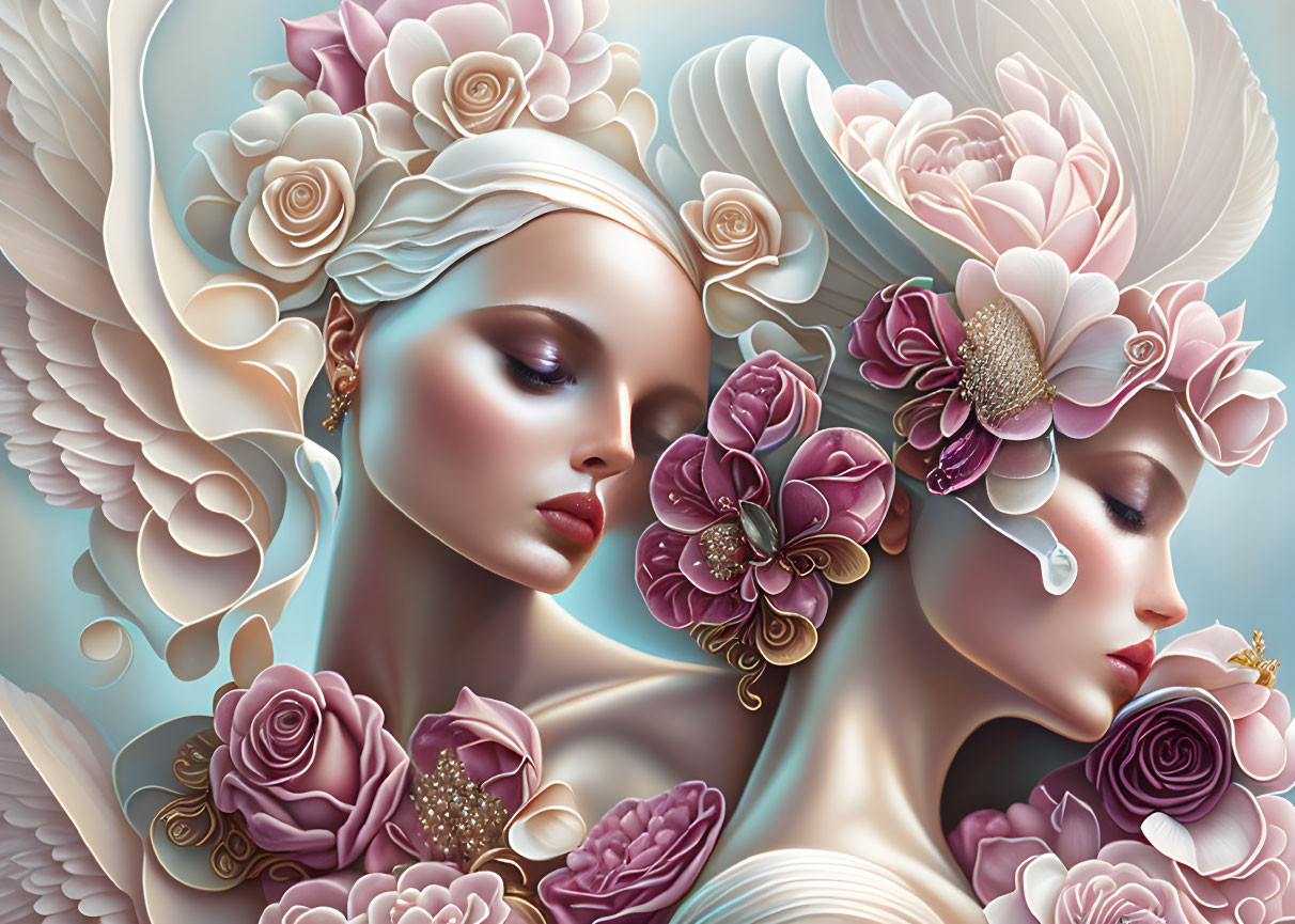 Two women illustration: floral and feather motifs, soft pastel colors, elegance and serenity.