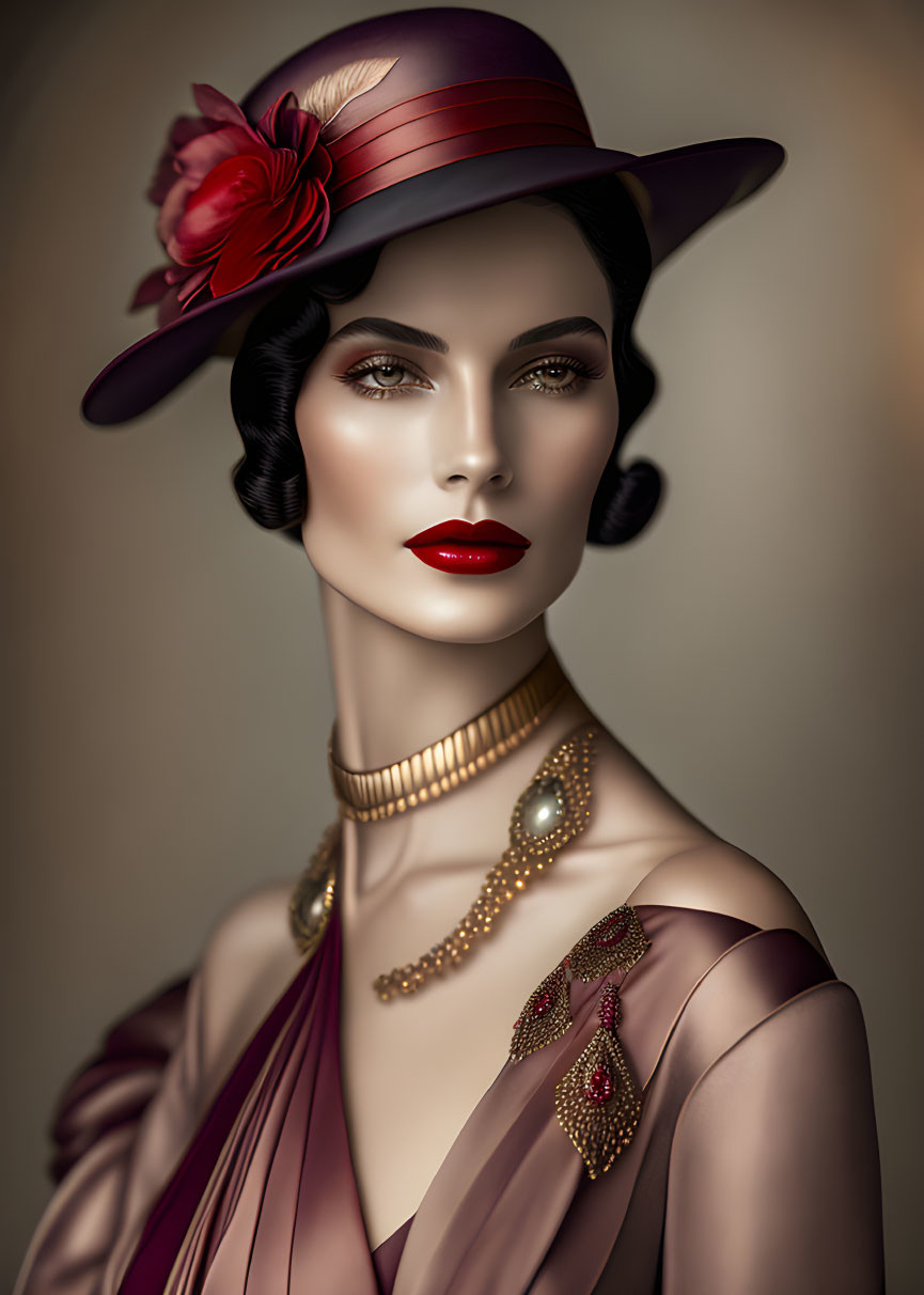 Vintage-style portrait of woman in purple hat, red lipstick, black hair, necklace, burgundy outfit