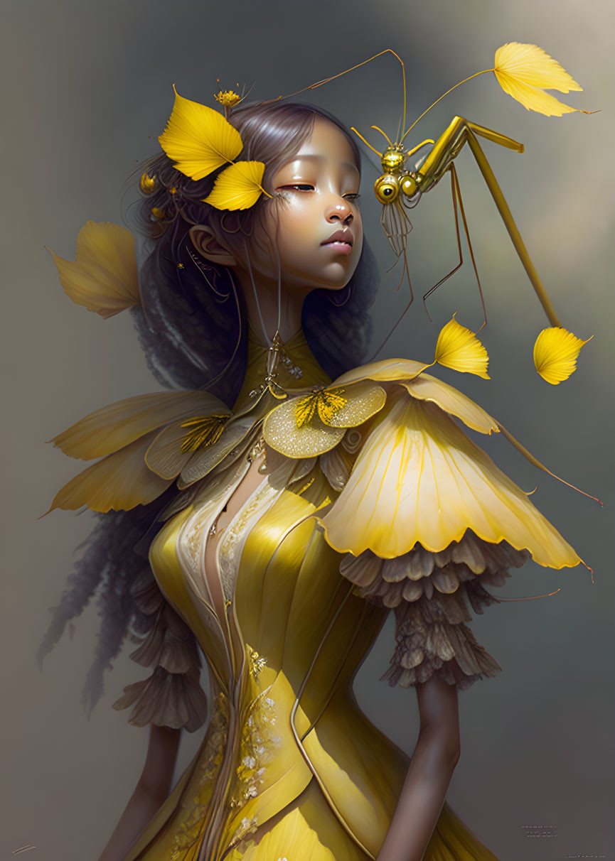 Surreal digital art: Woman in yellow dress with butterfly and mechanical praying mantis.