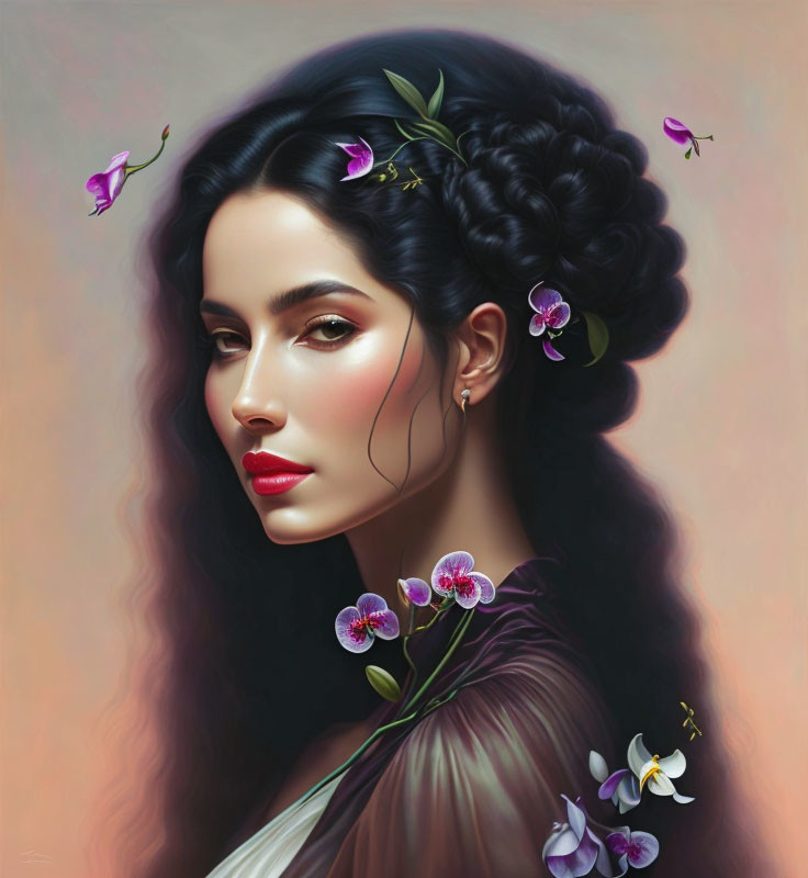 Woman with Braided Updo, Purple Flowers, Ethereal Gaze, and Butterflies