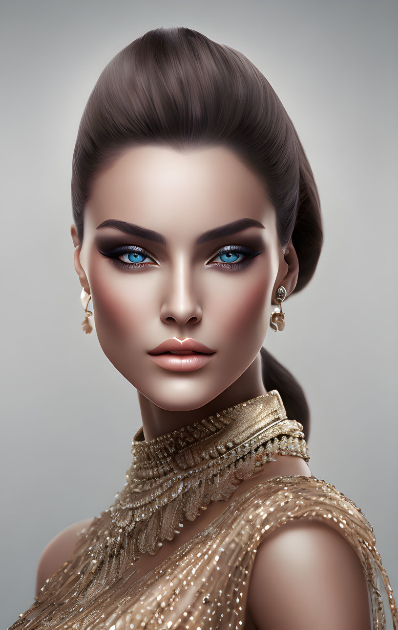 Female model with high bun hairstyle, blue eyes, gold beaded attire.