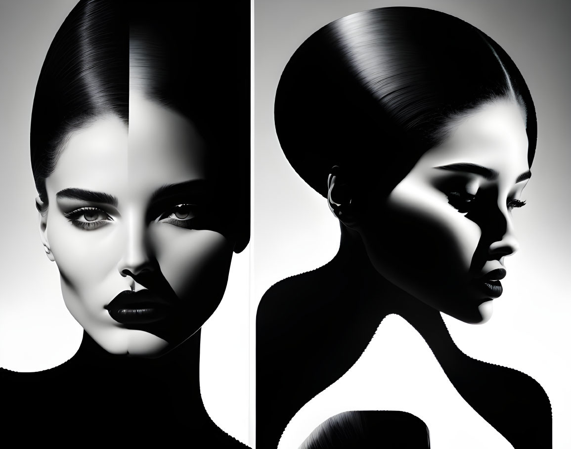 Symmetrical face digital art with front and profile views and contrasting light/shadow