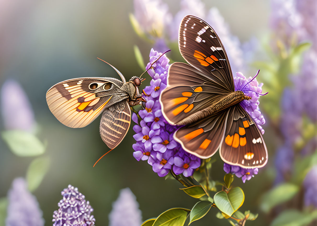 Brown and Orange Butterflies on Purple Flowers with Green Background