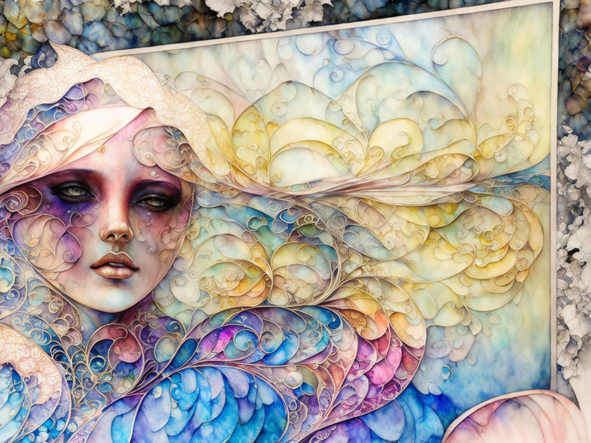 Vibrant fantasy art: Woman with purple skin & wave-like hair with swirling shell/cloud patterns