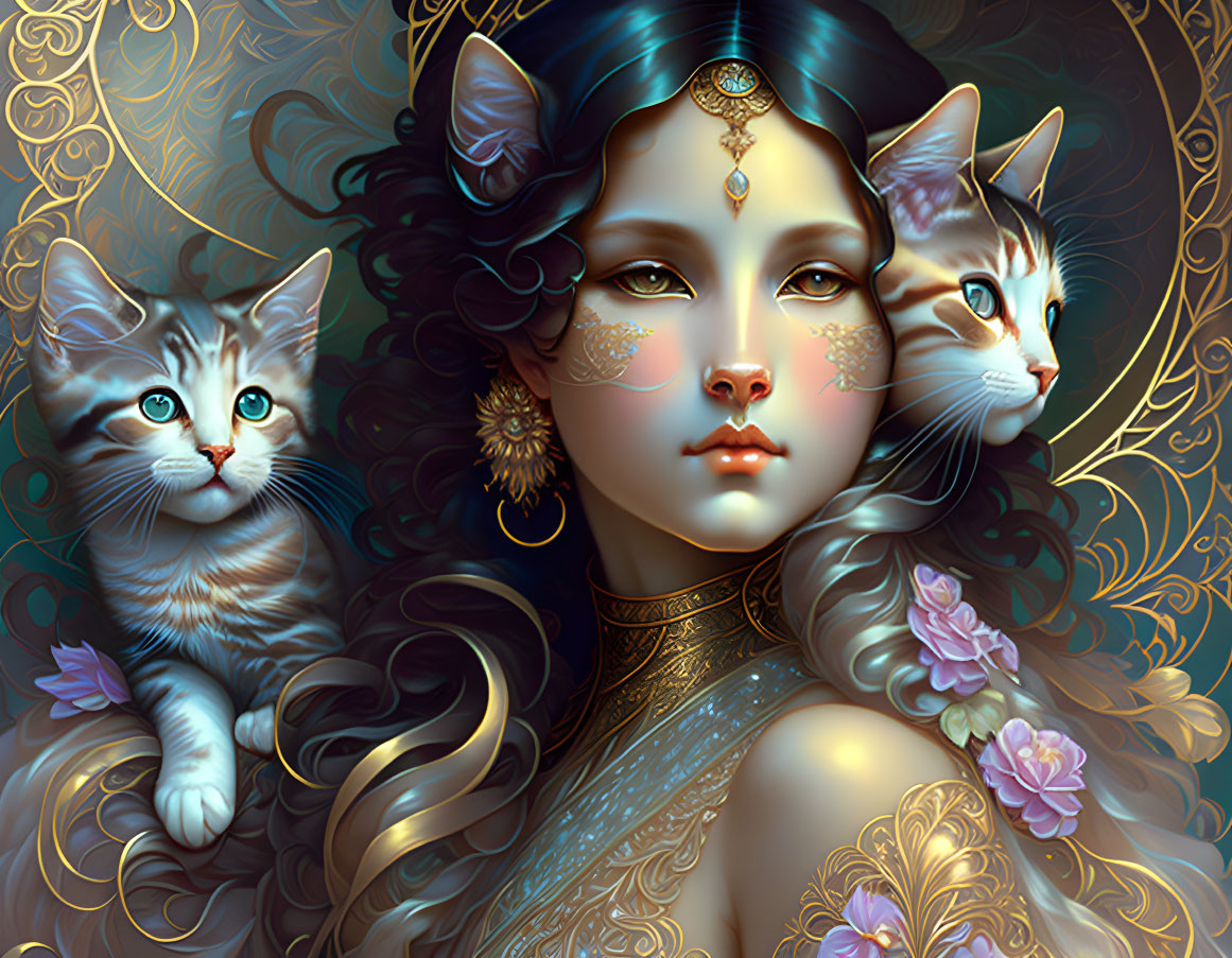 Fantasy illustration of woman with feline features and kittens on ornate golden background