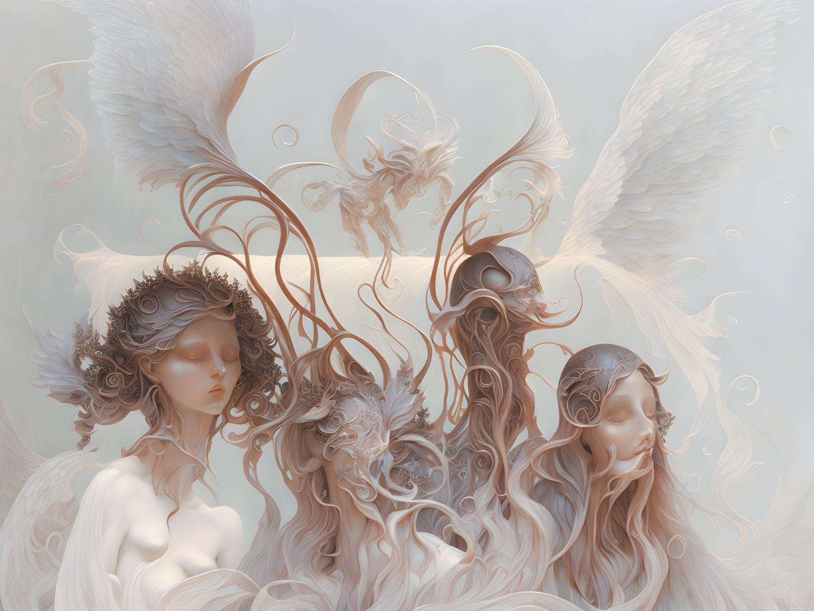 Ethereal figures with angelic wings and ornate headdresses in dreamlike palette