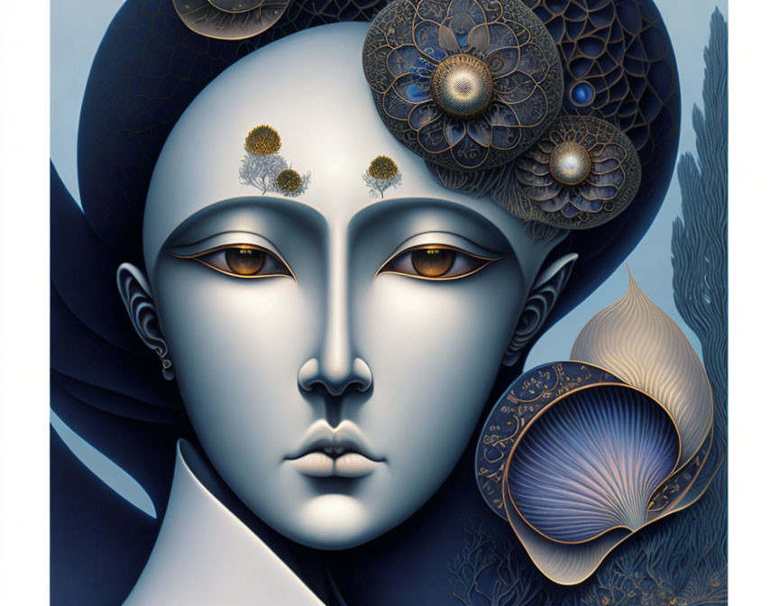 Illustration of stylized face with botanical elements in blue and gold palette