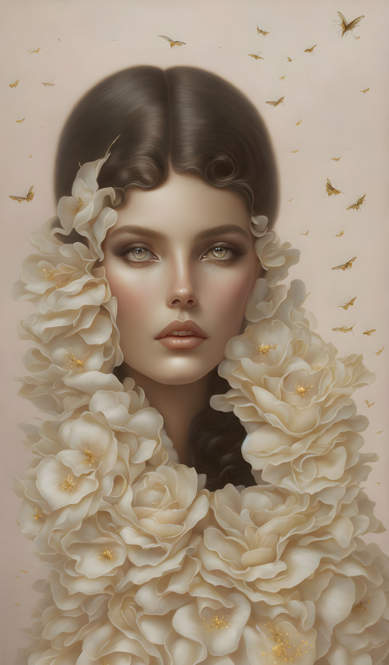 Digital portrait of woman with beige flowers and butterflies