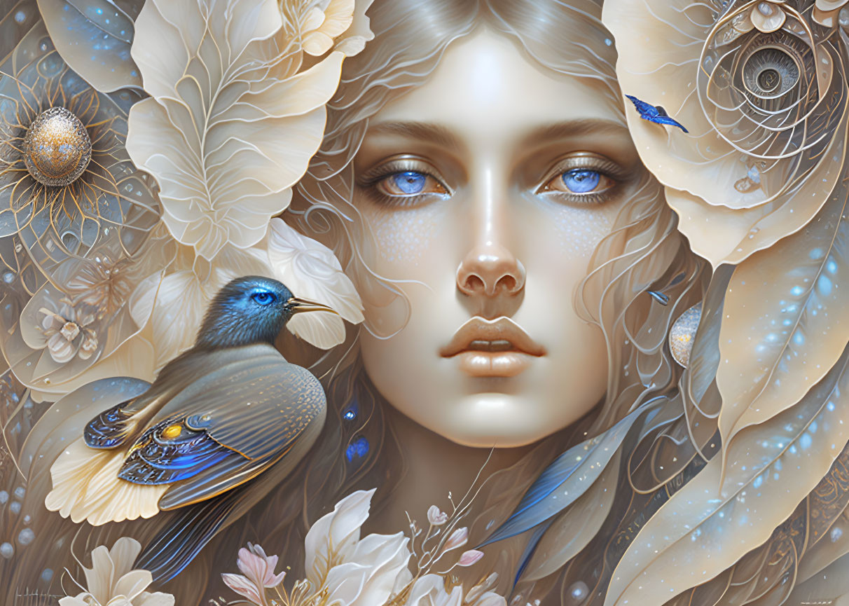 Surreal portrait of woman with blue eyes and white flowers