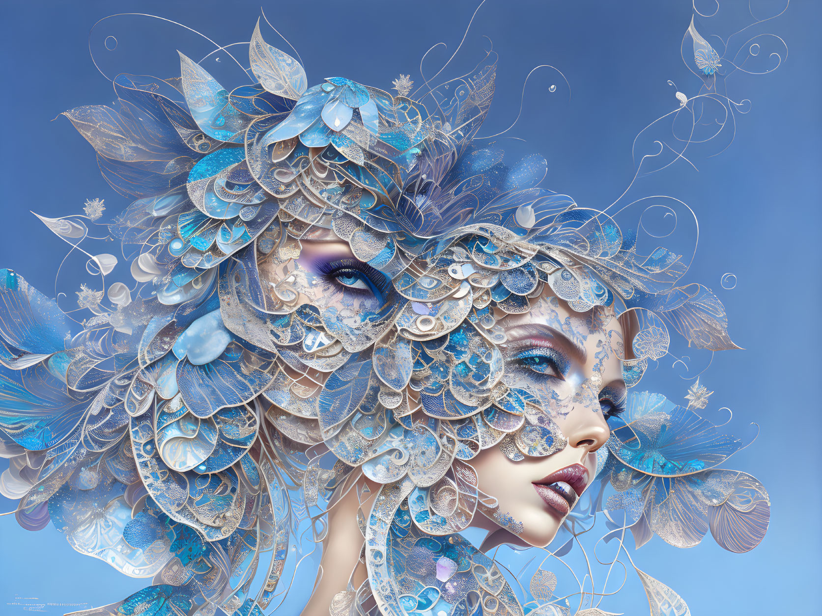 Woman with ornate feather-like structures and blue butterflies in digital art