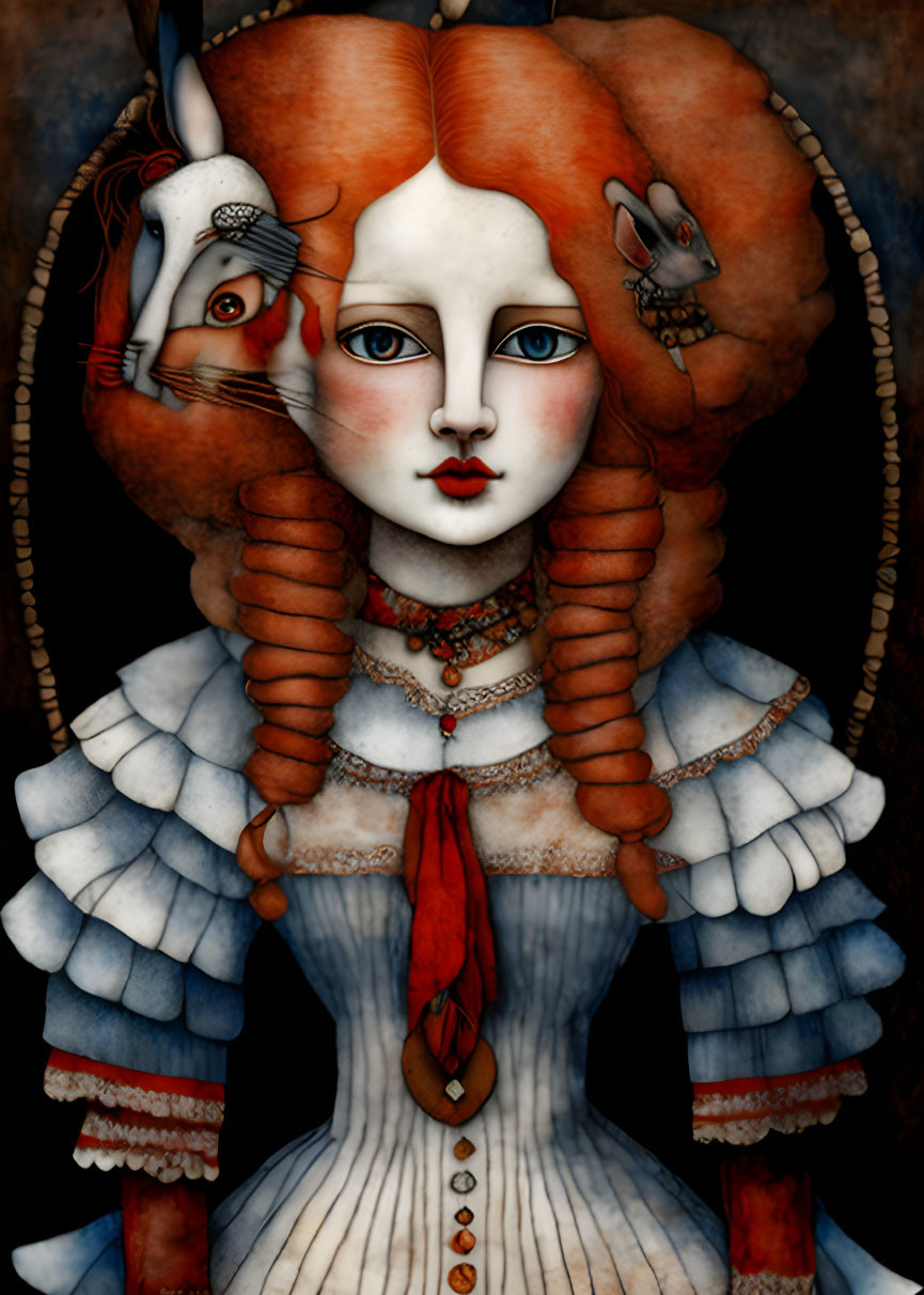 Pale woman with red hair and creatures in surreal portrait