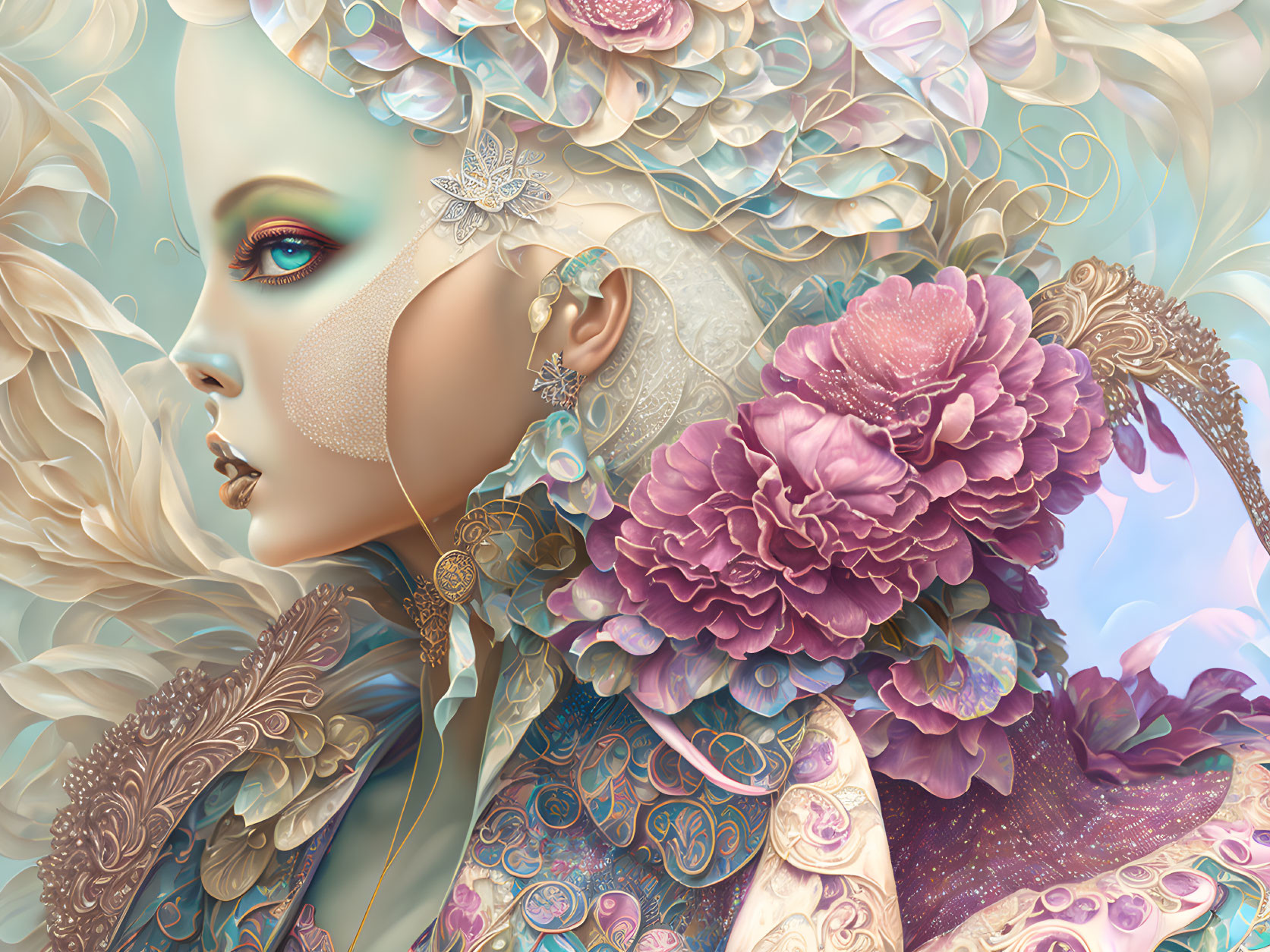 Surreal female figure with pastel flowers and intricate patterns