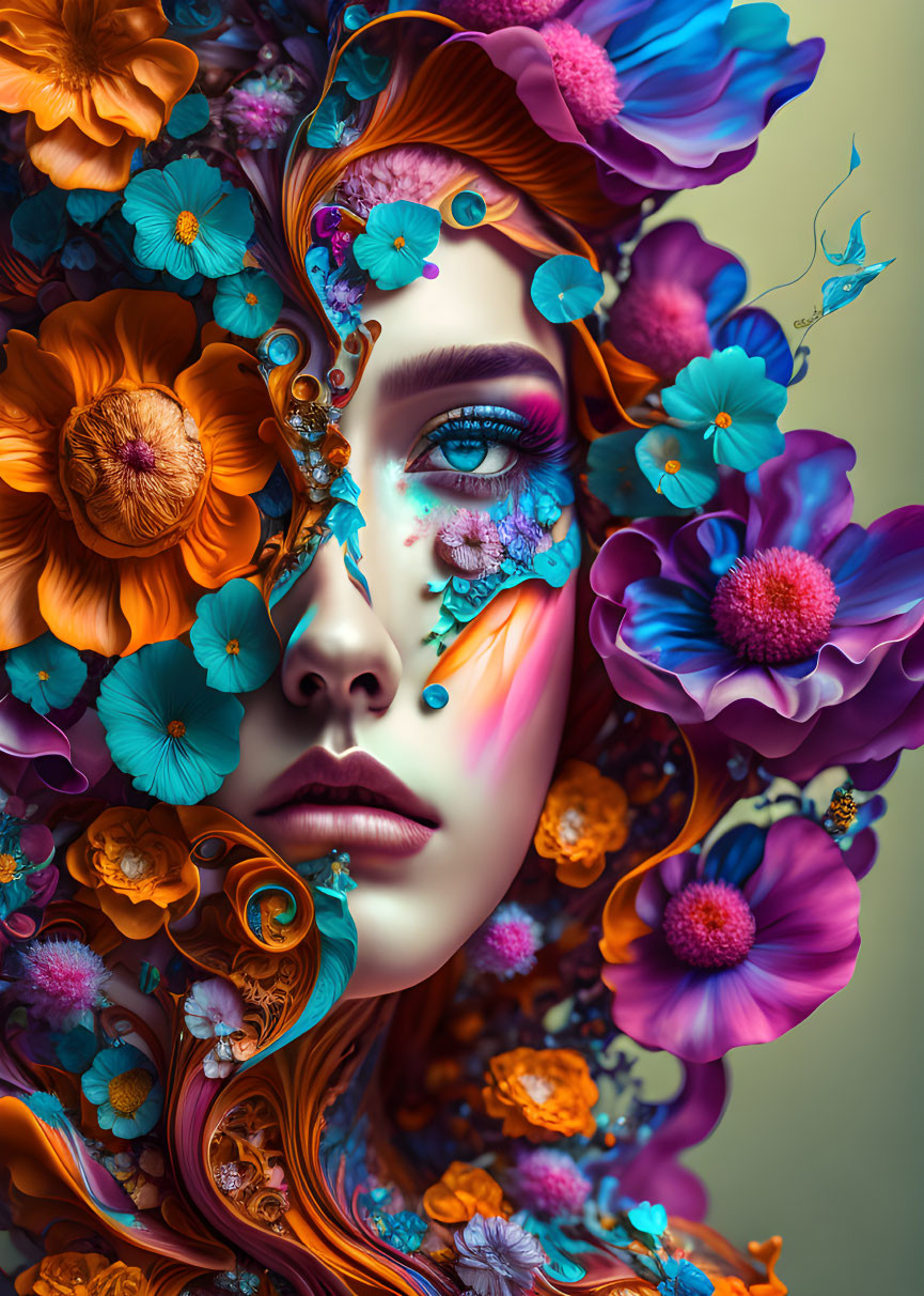 Colorful portrait of a woman with flowers and butterfly makeup