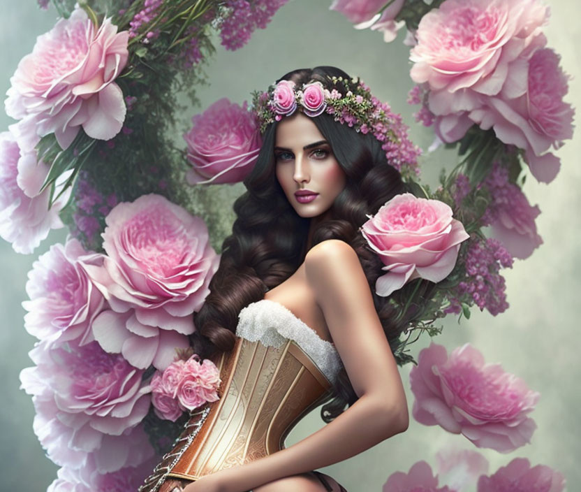 Dark-haired woman in floral headpiece and golden corset among pink roses on soft background