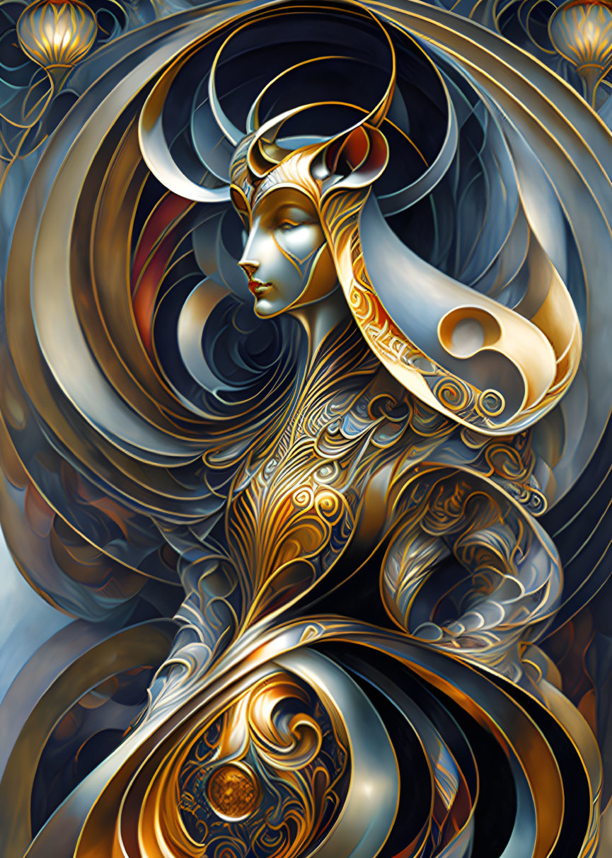 Golden headgear adorned female figure in abstract background