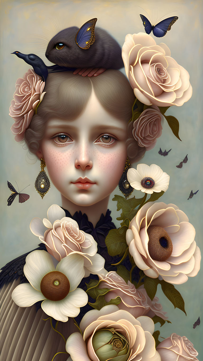 Surreal portrait of a girl with pale skin and large eyes amidst cream roses, bird, butterflies