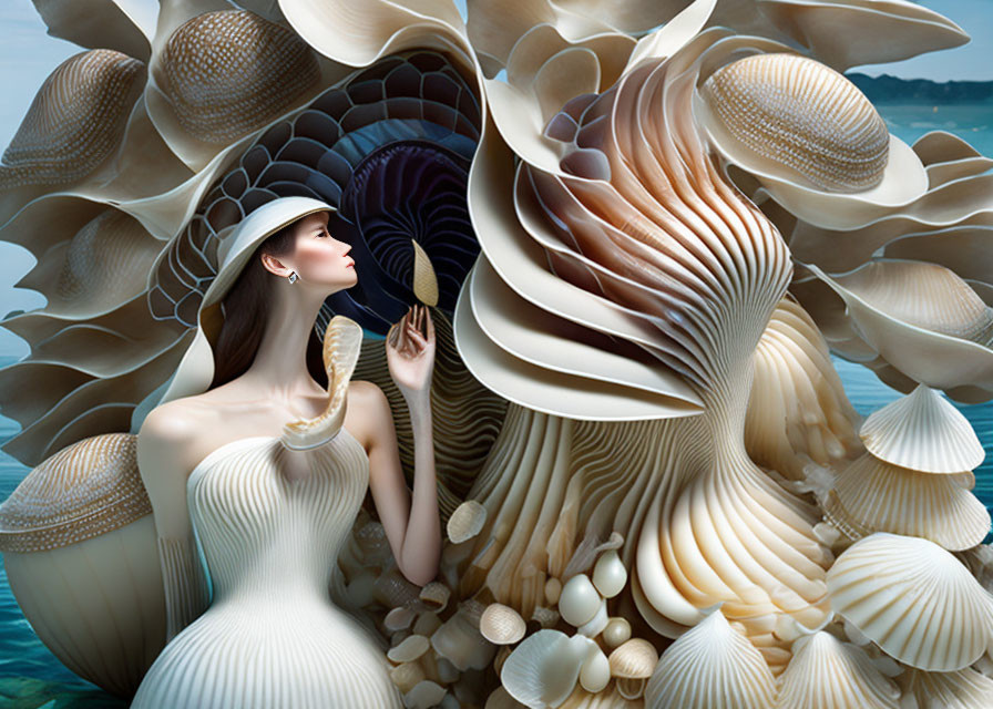 Woman in white dress and hat among surreal shell structures on coastal background